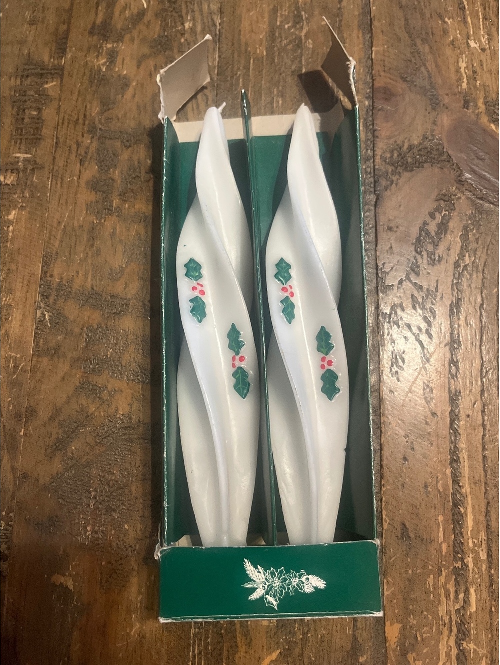 Vintage Pair of White Spiral Holiday Candles with Holly Motif